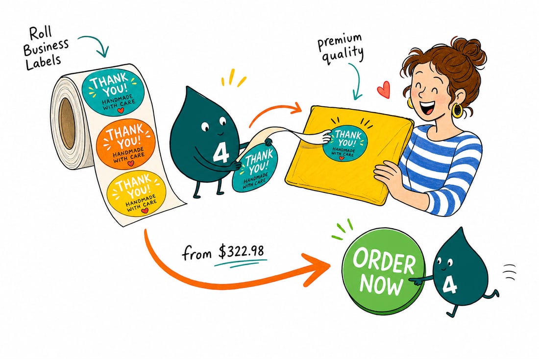 Wally the 4OVER4 mascot feeding a roll of custom business labels, priced at $322.98 for 100, into a tabletop label applicator, teal hand-drawn line art.