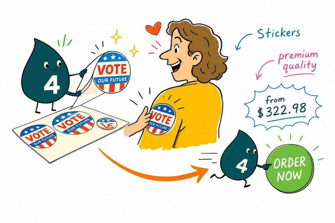 Wally the 4OVER4 mascot peeling a campaign sticker off a roll and handing it to a volunteer, with a 3 inch core and a $322.98 for 100 price tag, teal hand-drawn line art.