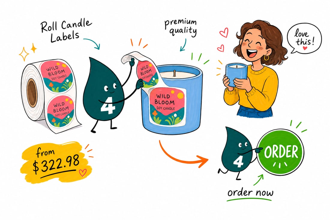 Wally the 4OVER4 mascot unspooling a roll of candle labels priced at $322.98 for 100 and pressing one onto a lit candle jar, teal hand-drawn line art.