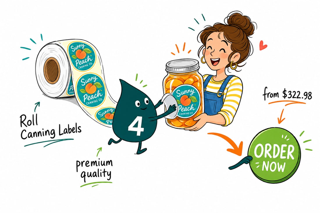Wally the 4OVER4 mascot pressing a waterproof roll canning label onto a glass mason jar of jam, teal hand-drawn line art.