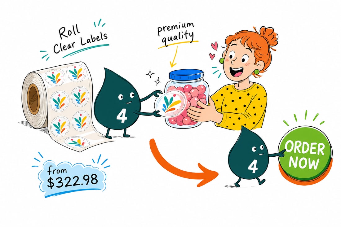 Wally the 4OVER4 mascot peeling a transparent clear label off a roll and pressing it onto a glass bottle, priced at $322.98 for 100, teal hand-drawn line art.