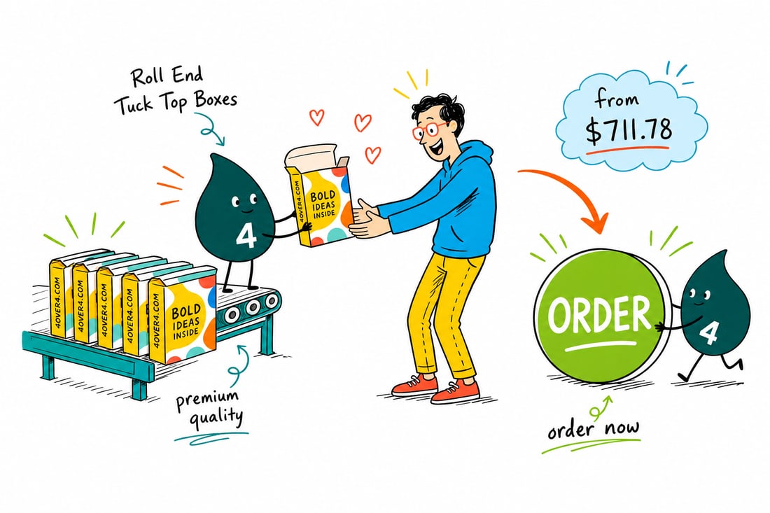 Wally the 4OVER4 mascot holding a printed roll end tuck top box with the lid tucked open, priced at $711.78 for 250, teal hand-drawn line art.