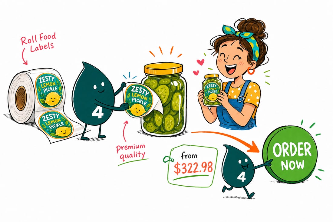 Wally the 4OVER4 mascot pressing a custom food label, priced at $322.98 for 100, onto a glass jar of preserves, teal hand-drawn line art.