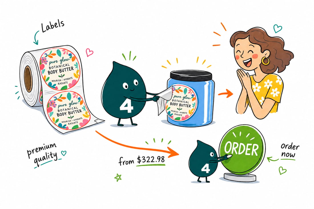 Wally the 4OVER4 mascot holding a roll of health and beauty labels priced at $322.98 for 100 and applying one to a cosmetic bottle, teal hand-drawn line art.