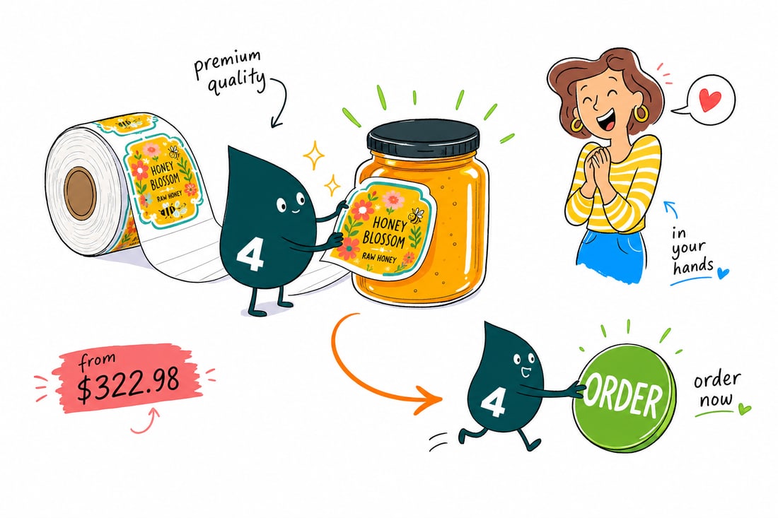 Wally the 4OVER4 mascot peeling a full-color label off a 3 inch core roll and pressing it onto a glass jar, priced at $322.98 for 100, teal hand-drawn line art.