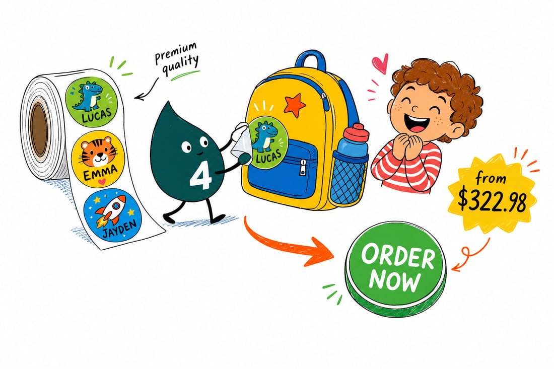 Wally the 4OVER4 mascot peeling a kids name label off a roll and pressing it onto a child's water bottle, teal hand-drawn line art.