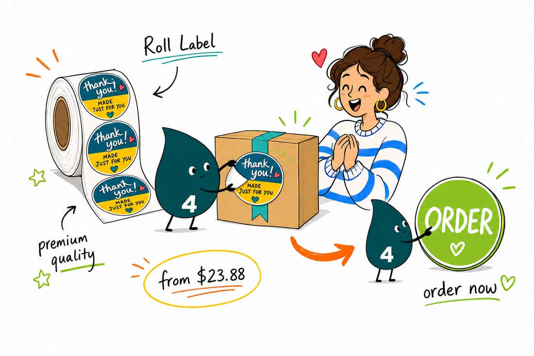 Wally the 4OVER4 mascot handing a roll of custom labels, priced from $258.38, across a counter to a happy product-brand customer, teal hand-drawn line art.