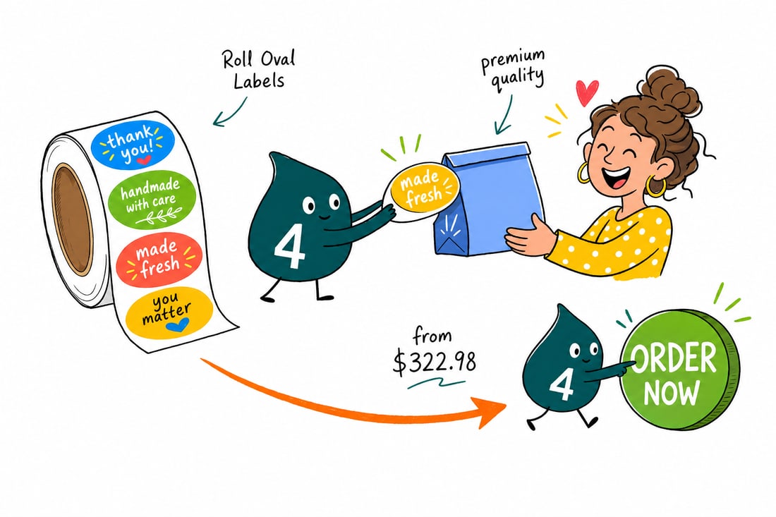 Wally the 4OVER4 mascot peeling a shiny oval label off a roll, priced at $322.98 for 100, and pressing it onto a curved bottle, teal hand-drawn line art.