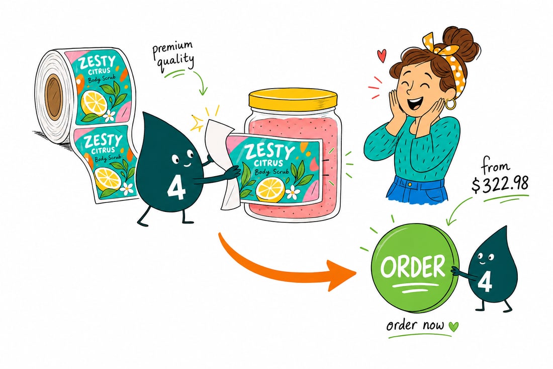 Wally the 4OVER4 mascot feeding a roll of packaging labels onto a box on a packing line, priced from $322.98 for 100, teal hand-drawn line art.