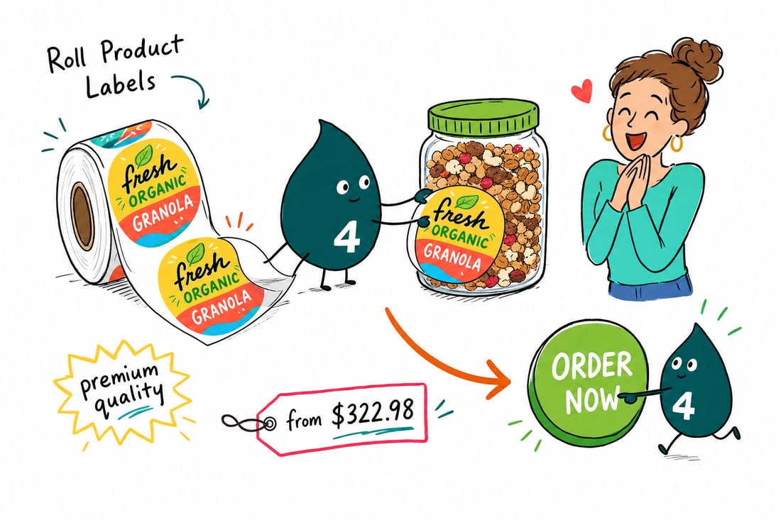 Wally the 4OVER4 mascot holding a roll of full-color product labels on a 3 inch core, priced from $322.98 for 100, teal hand-drawn line art.