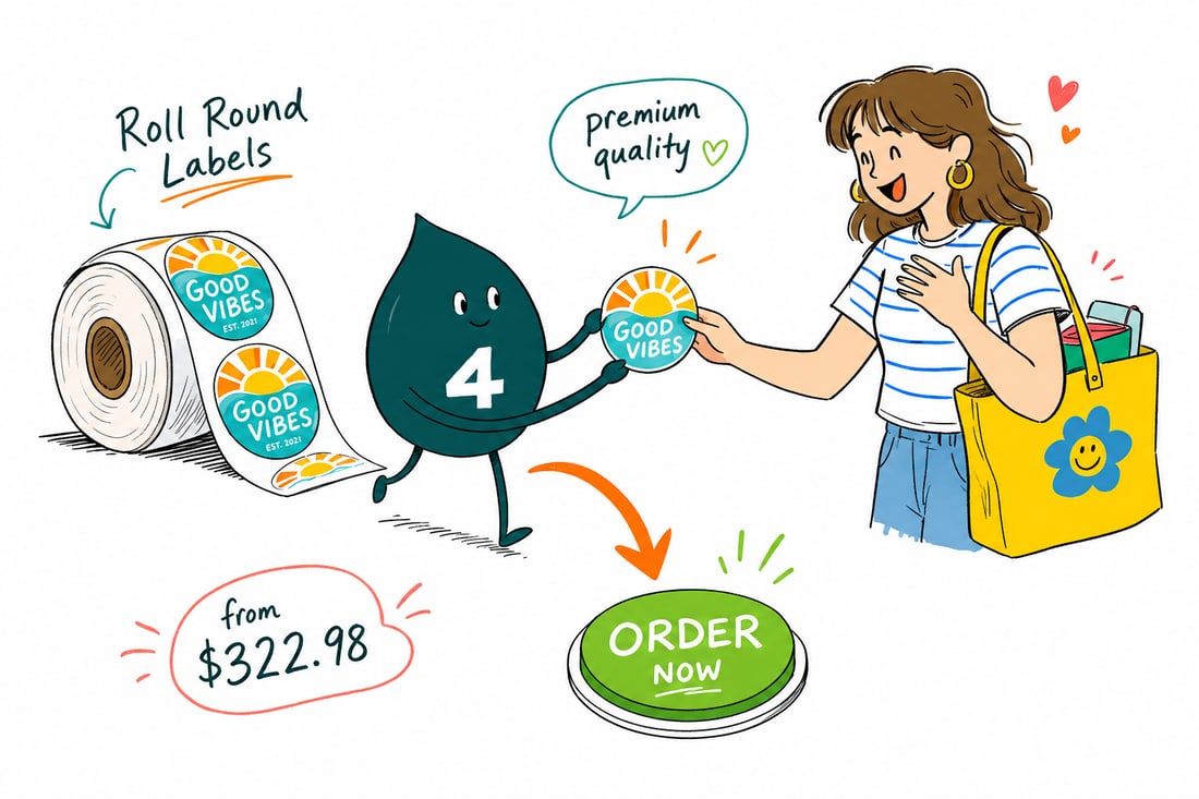Wally the 4OVER4.COM mascot loading a roll of round labels priced at $322.98 for 100 onto a label dispenser for a happy customer, teal hand-drawn line art.