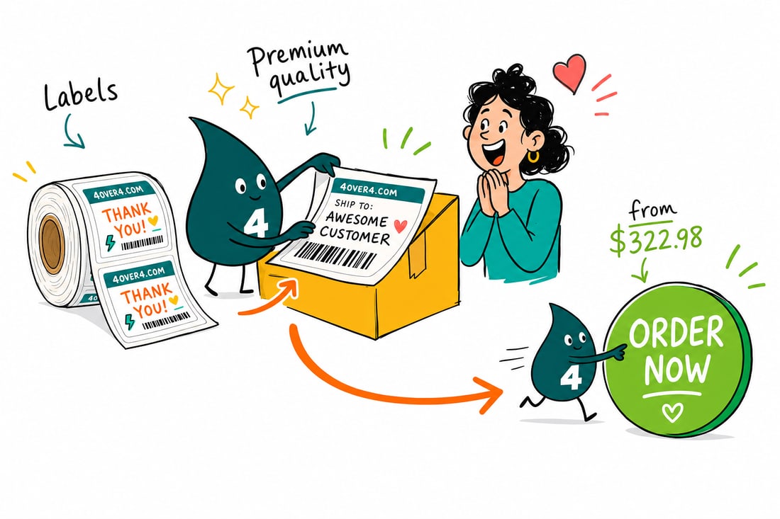 Wally the 4OVER4 mascot feeding a roll of shipping and mailing labels priced at $322.98 for 100 into a label applicator, teal hand-drawn line art.