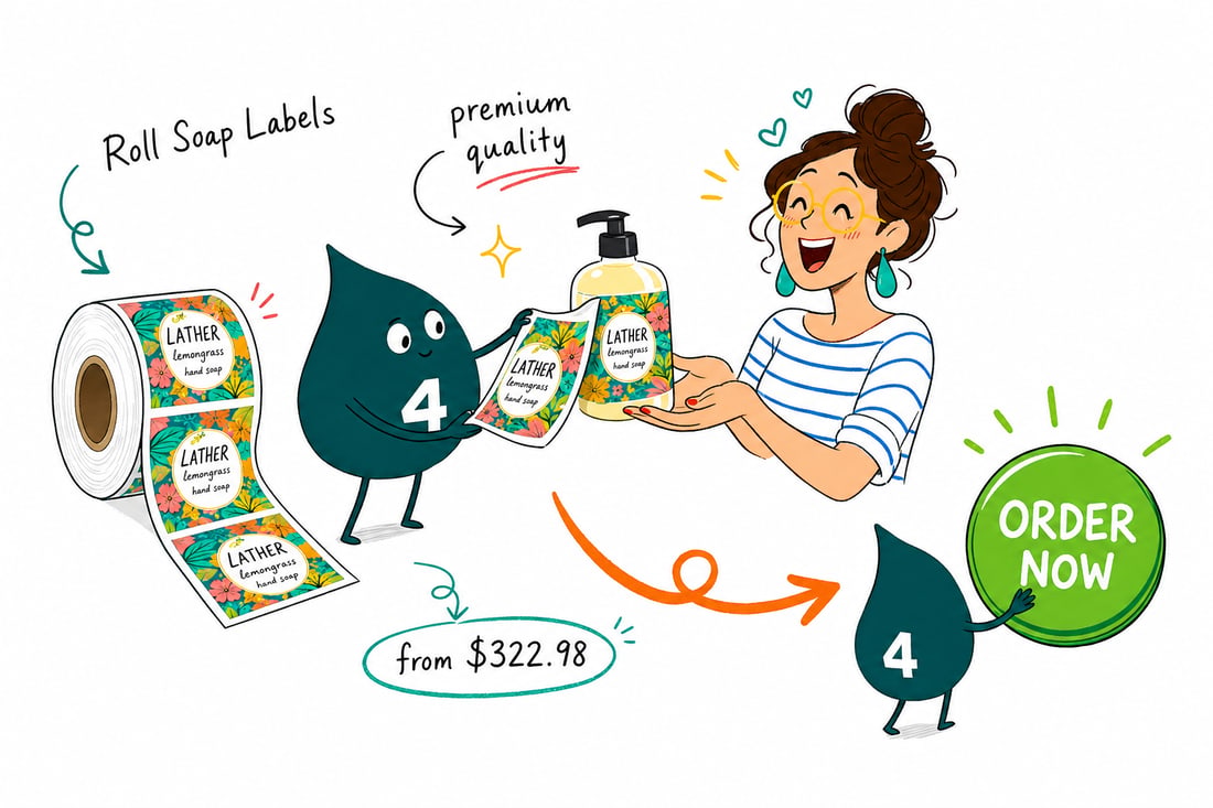 Wally the 4OVER4 mascot holding a roll of soap labels priced from $322.98 for 100 and applying one to a handmade soap bar, teal hand-drawn line art.