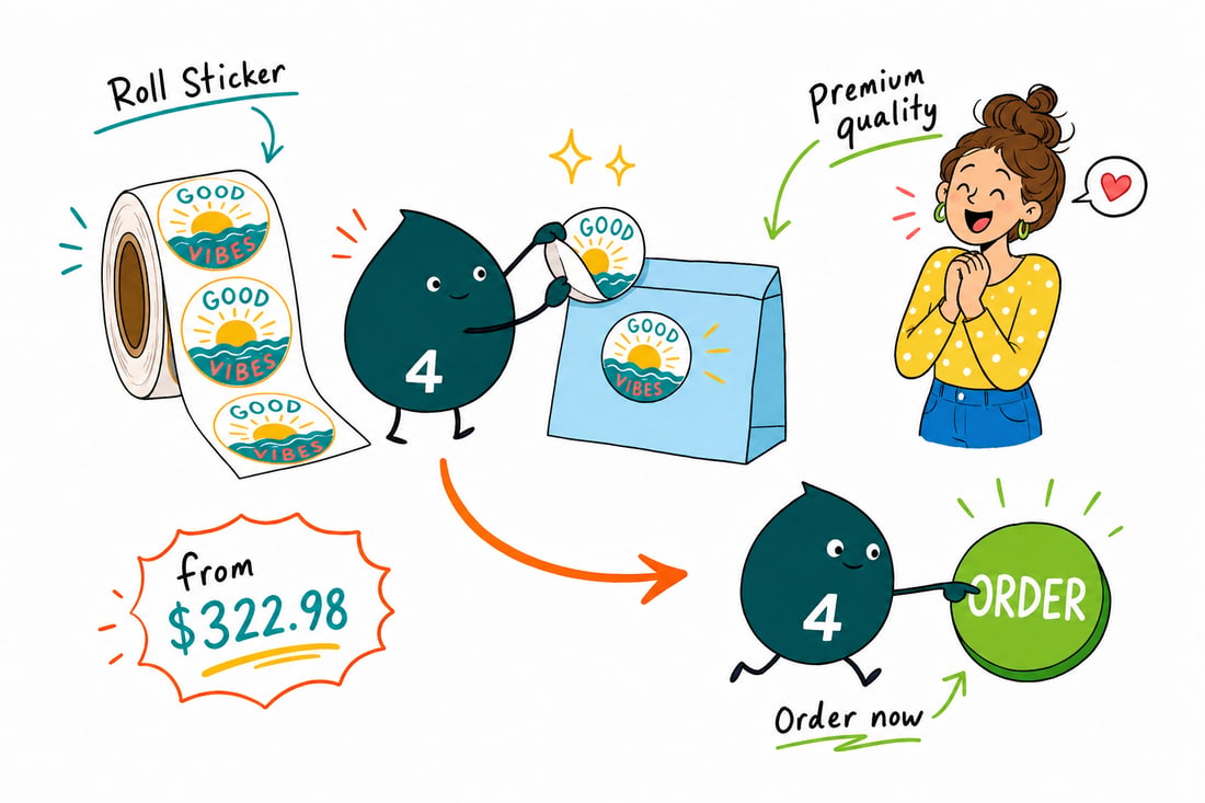 Wally the 4OVER4 mascot peeling a roll sticker off a 3 inch core and pressing it onto a product bottle, priced from $322.98 for 100, teal hand-drawn line art.