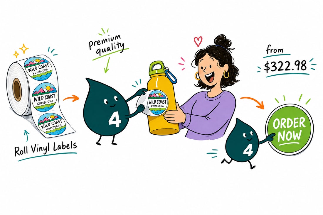 Wally the 4OVER4 mascot peeling a glossy roll vinyl label off a 3 inch core and pressing it onto a water bottle, teal hand-drawn line art.