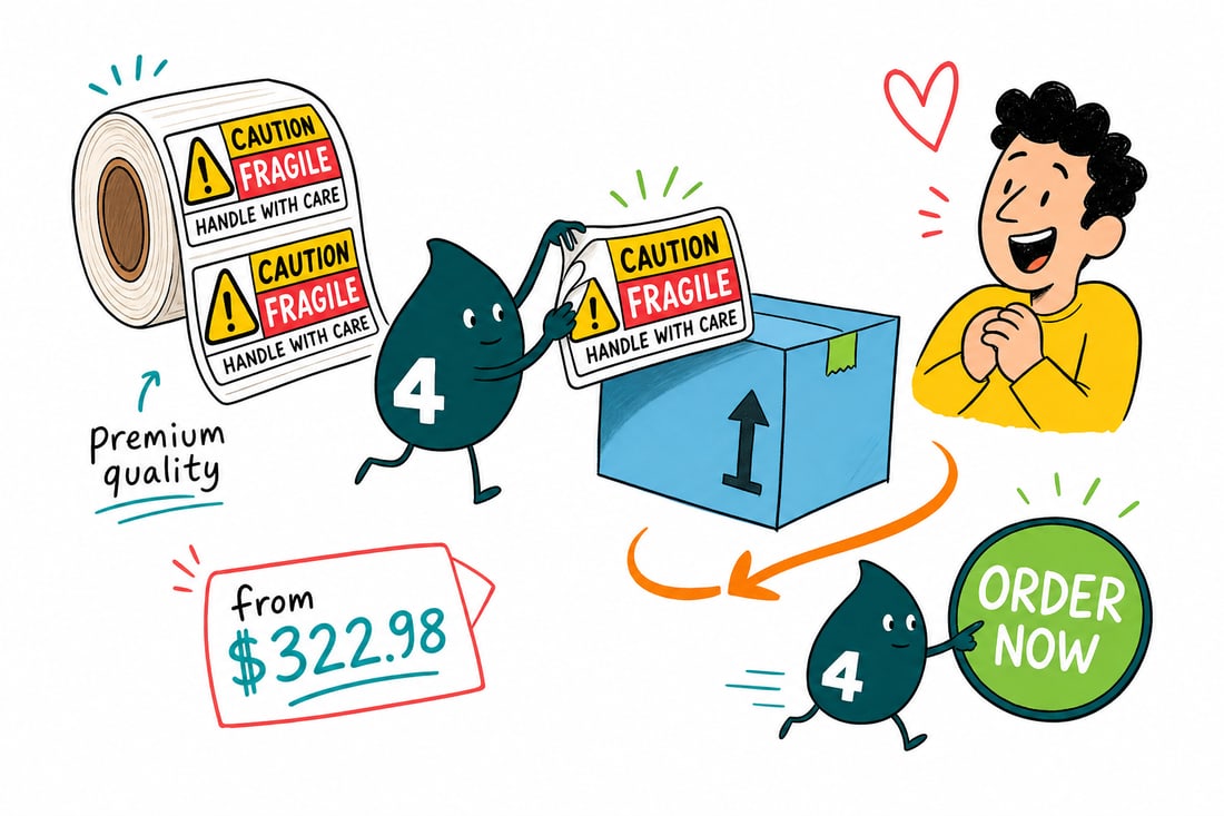 Wally the 4OVER4 mascot holding a roll of warning labels marked with a bold caution symbol, applying one to a shipping crate, teal hand-drawn line art.