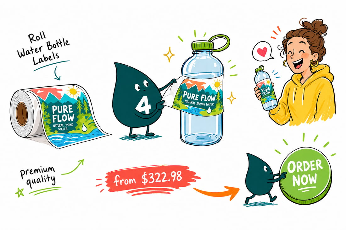 Wally the 4OVER4 mascot feeding a roll of glossy water bottle labels onto a cold, water-splashed bottle, priced from $322.98 for 100, teal hand-drawn line art.