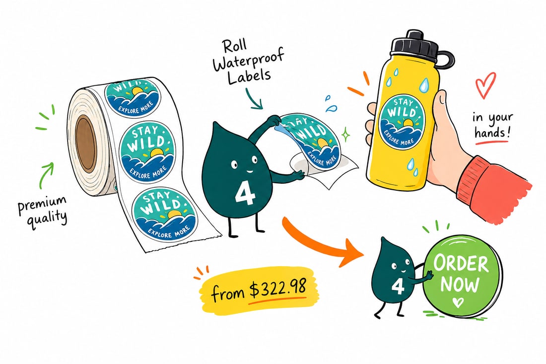 Wally the 4OVER4 mascot peeling a waterproof label off a roll wound on a 3 inch core and pressing it onto a wet bottle, teal hand-drawn line art.