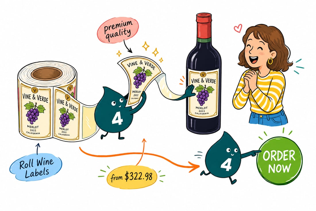 Wally the 4OVER4 mascot peeling a wine label off a 3-inch core roll and smoothing it onto a bottle, priced $322.98 for 100, teal hand-drawn line art.