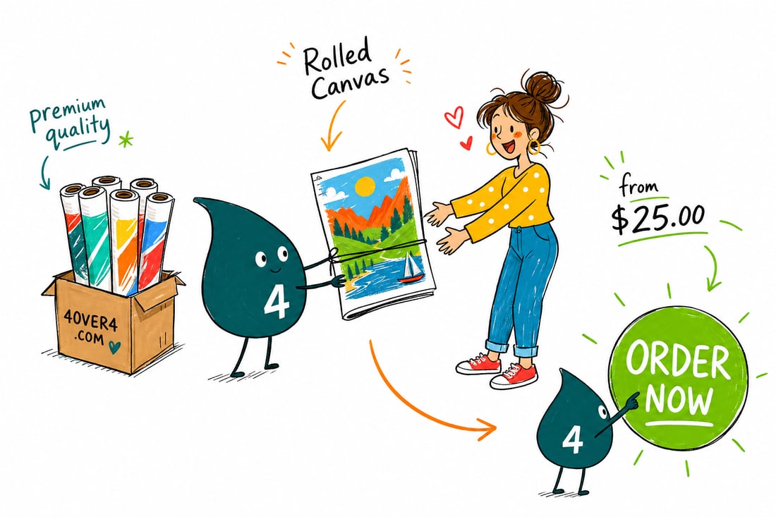 Wally the 4OVER4 mascot unrolling a printed canvas of colorful artwork, priced from $25, handing it to a smiling customer, teal hand-drawn line art.