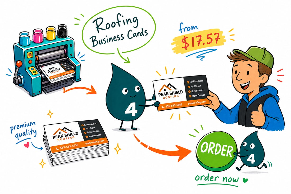 Wally the 4OVER4 mascot handing a durable roofing business card, priced at $17.57 for 100, to a homeowner outside a house with a new roof, teal hand-drawn line art.