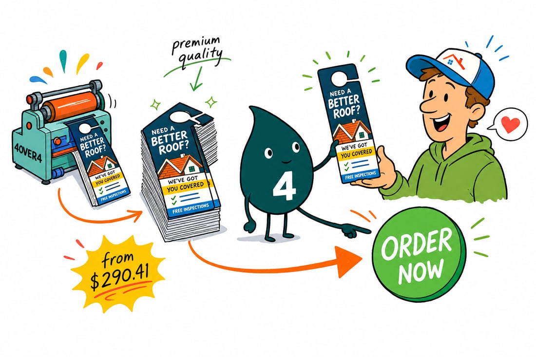 Wally the 4OVER4.COM mascot hanging a full-color roofing door hanger on a front door knob, with a tear-off free-inspection coupon at the bottom, teal hand-drawn line art.
