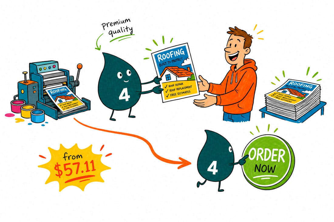 Wally the 4OVER4 mascot handing a full-color roofing flyer across a counter to a happy homeowner, teal hand-drawn line art.
