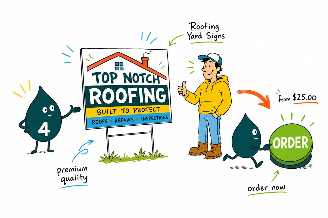 Wally the 4OVER4 mascot pushing a roofing yard sign on a wire H-stake into a green front lawn, teal hand-drawn line art.