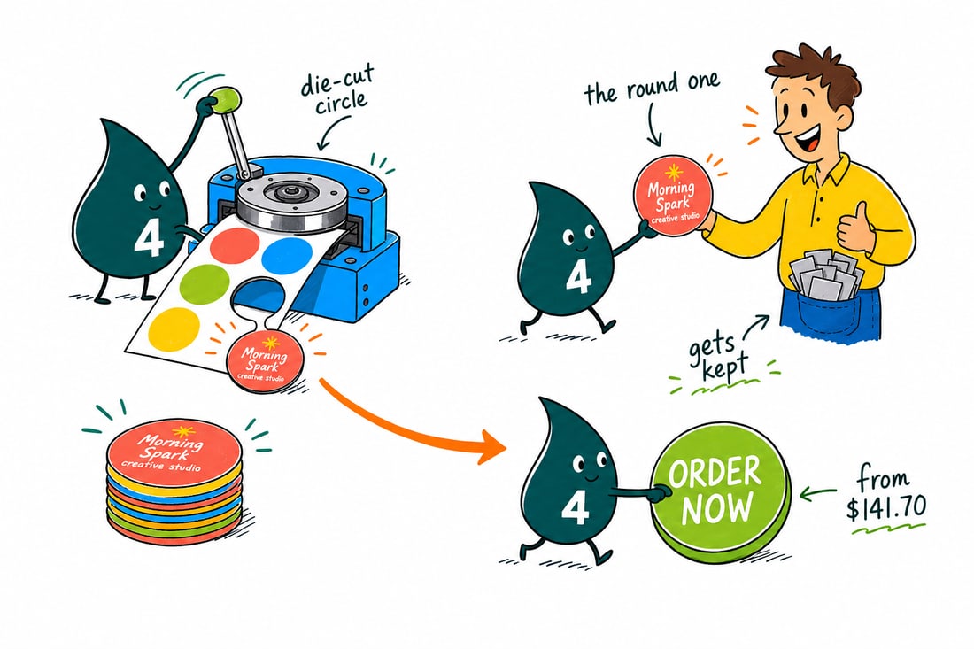 Wally the 4OVER4 mascot die-cutting a stack of round business cards priced at $141.70 for 100, handing a bright circle card across a counter to a customer, teal hand-drawn line art.