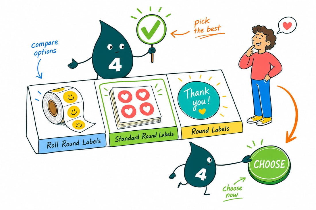 Wally compares Round Labels options side by side at 4OVER4.COM