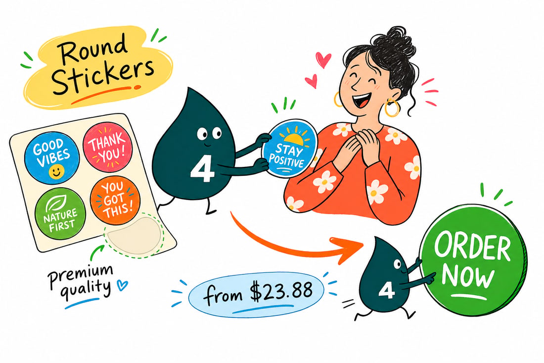 Wally the 4OVER4 mascot pressing a round sticker onto a shipping box, priced from $23.88 for 25, teal hand-drawn line art.
