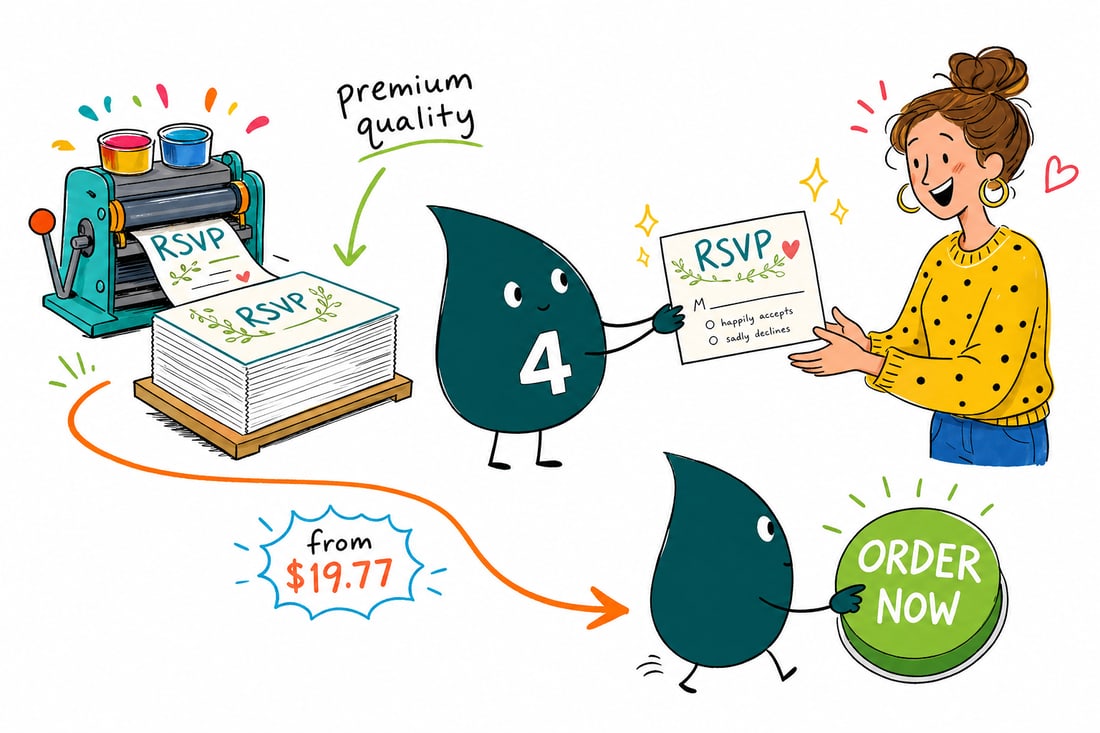 Wally the 4OVER4 mascot handing a 4.25 by 5.5 inch RSVP card and a matching white envelope, priced at $19.77 for 25, across a counter to a happy customer, teal hand-drawn line art.
