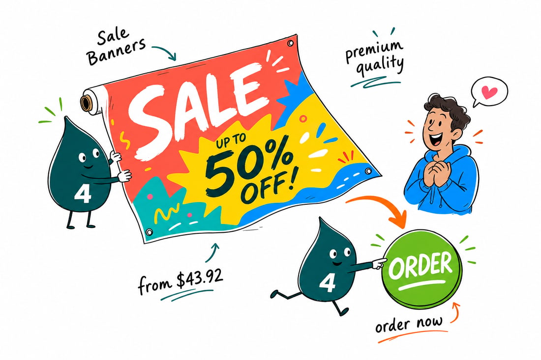 Wally the 4OVER4 mascot hanging a bright vinyl sale banner priced from $43.92, printed with a big discount and metal grommets along the edge, teal hand-drawn line art.