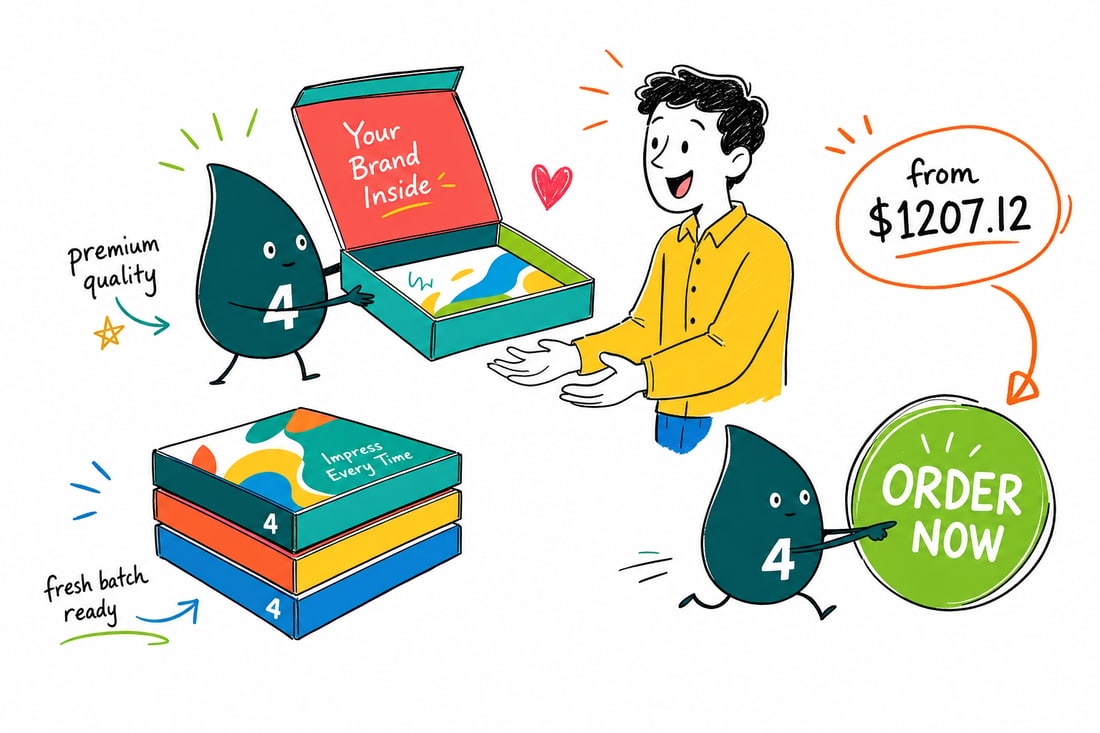 Wally the 4OVER4 mascot handing a branded sales presentation box, printed full color and priced from $1207.12 for 250, across a desk to a client, teal hand-drawn line art.
