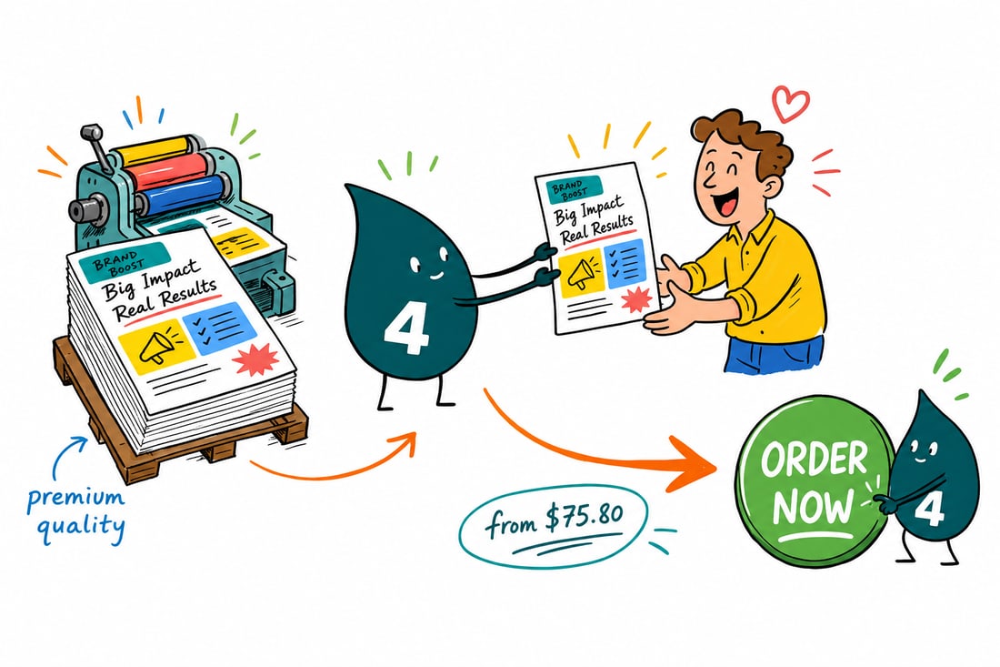 Wally the 4OVER4 mascot handing a full-color 8.5 by 11 inch sales sheet, priced at $75.80 for 50, across a desk to a business customer, teal hand-drawn line art.