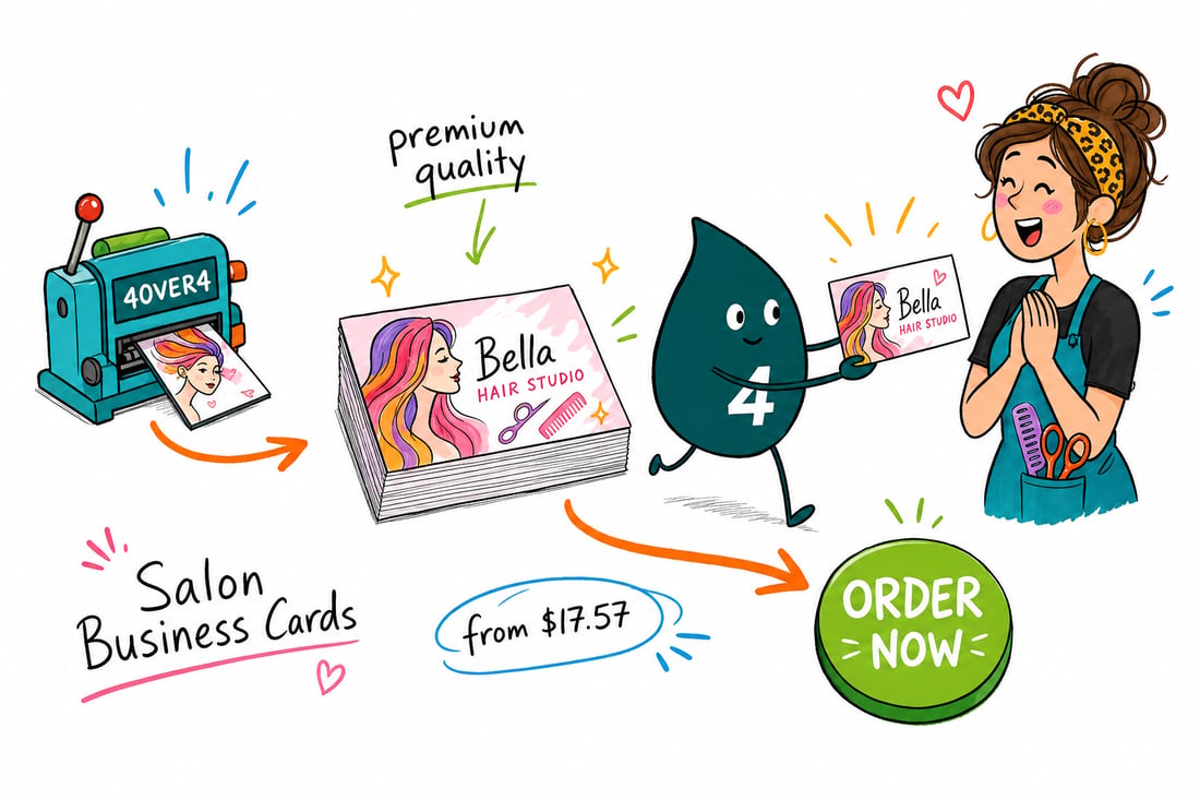 Wally the 4OVER4 mascot handing a salon business card, priced at $17.57 for 100, across a salon front desk to a happy client, teal hand-drawn line art.
