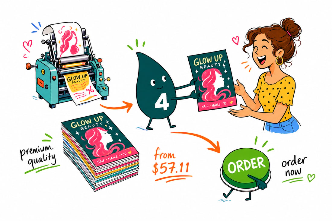 Wally the 4OVER4 mascot handing a full-color salon flyer, priced from $39.54 for 50, across a reception desk to a happy salon client, teal hand-drawn line art.