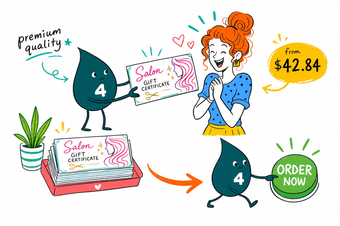 Wally the 4OVER4 mascot handing a numbered salon gift certificate, priced at $42.84 for 50, across a salon front desk to a happy client, teal hand-drawn line art.