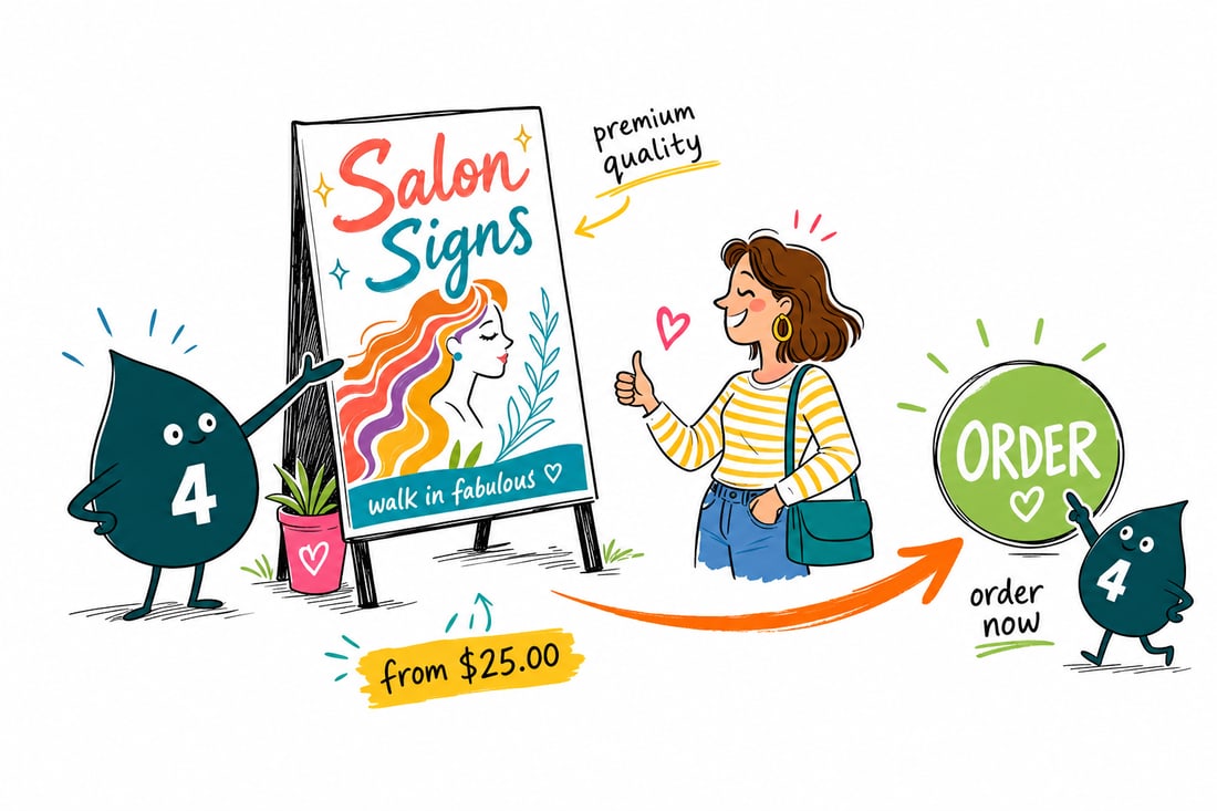Wally the 4OVER4 mascot hanging a printed salon sign priced from $25 on a bright salon wall, teal hand-drawn line art.