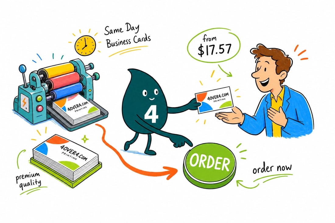 Wally the 4OVER4 mascot rushing a stack of same day business cards, priced at $17.57 for 100, out the door to a customer on a deadline, teal hand-drawn line art.