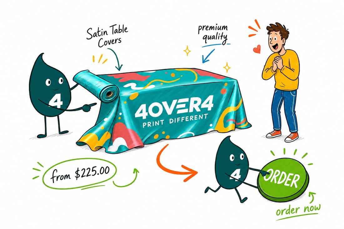 Wally the 4OVER4 mascot draping a printed satin table cover over a trade show table, priced from $225, teal hand-drawn line art.