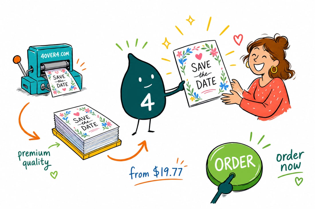 Wally the 4OVER4 mascot handing a save the date card, priced at $19.77 for 25, to a happy couple planning their wedding, teal hand-drawn line art.