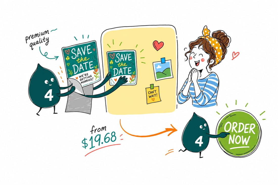 Wally the 4OVER4 mascot pressing a full-color save the date magnet, priced from $19.68, onto a refrigerator door, teal hand-drawn line art.