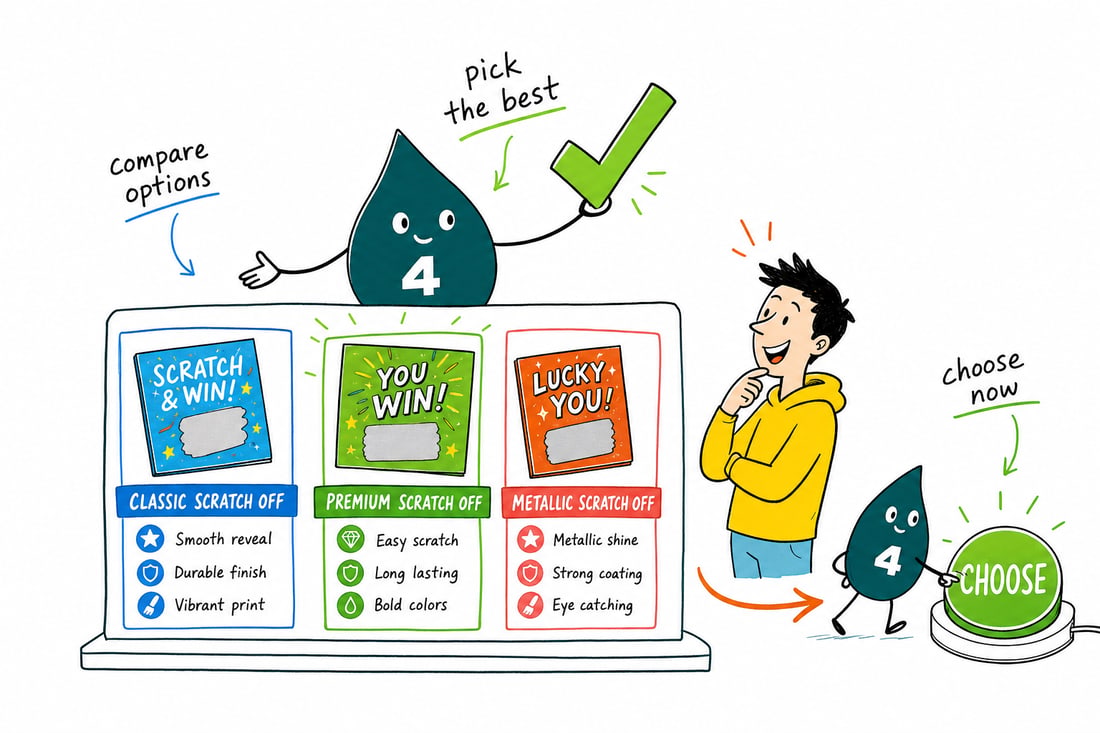 Wally compares Scratch Off Printing options side by side at 4OVER4.COM