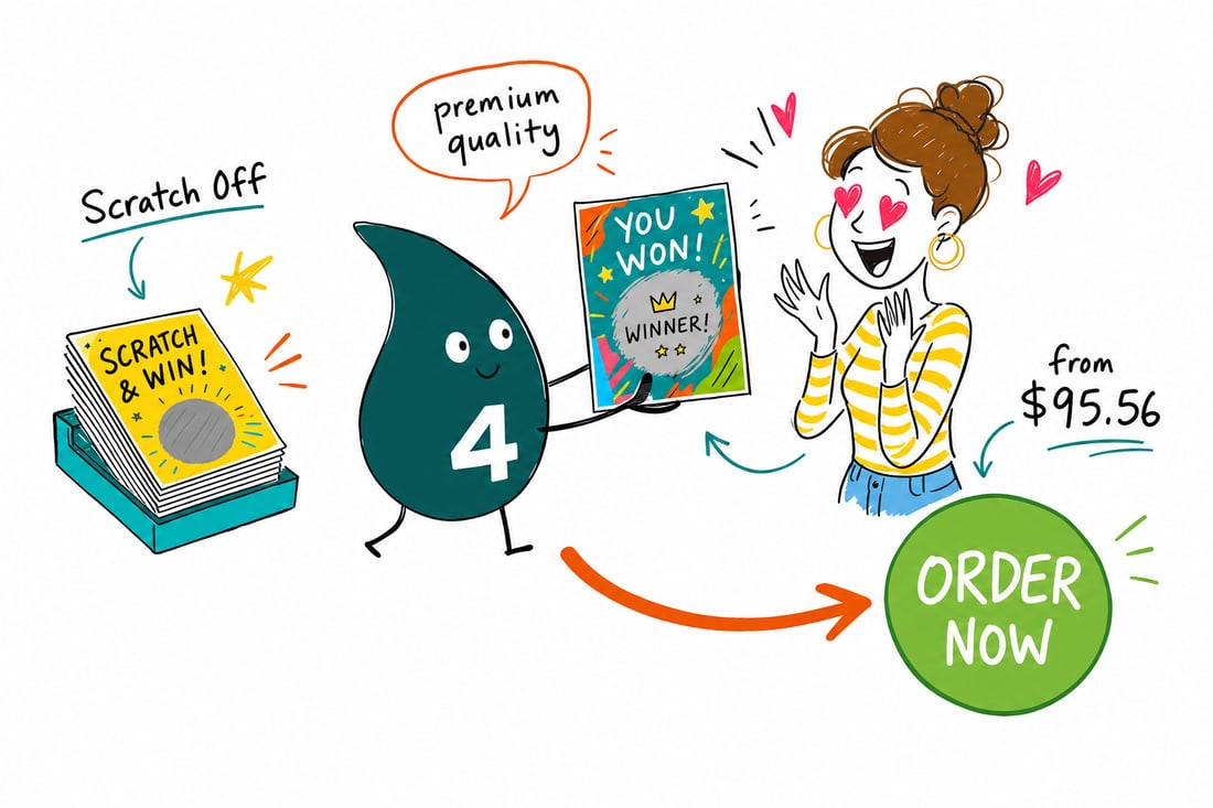Wally the 4OVER4 mascot holding a scratch off card with a silver panel being scratched to reveal a hidden prize, teal hand-drawn line art.