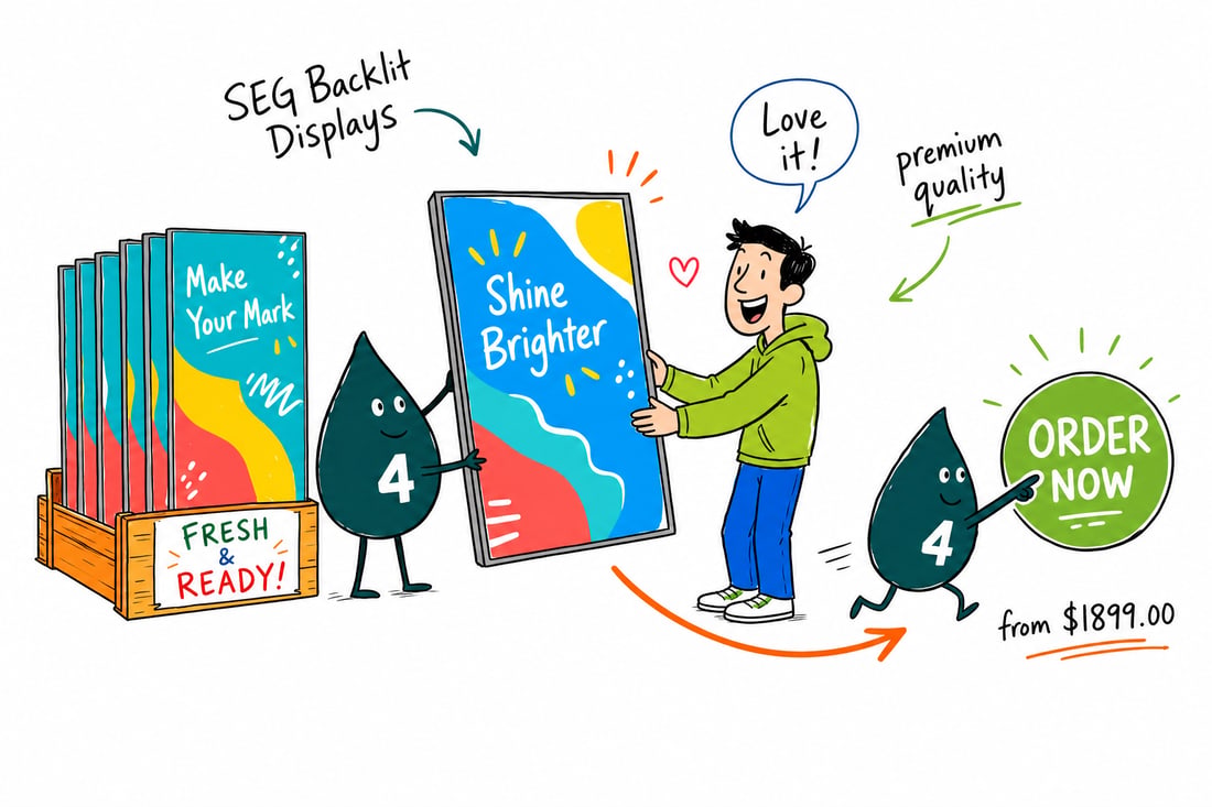 Wally the 4OVER4 mascot standing beside a glowing 10 ft SEG backlit fabric display at a trade show booth, teal hand-drawn line art.