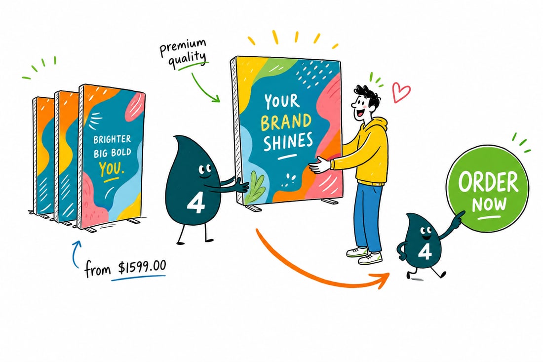 Wally the 4OVER4 mascot popping open a glowing SEG backlit popup display backdrop at a trade show booth, priced from $1599, teal hand-drawn line art.