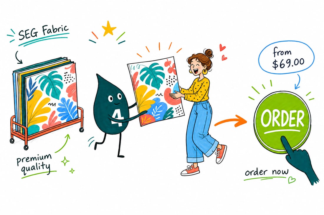 Wally the 4OVER4 mascot sliding a fresh printed SEG fabric graphic into a silicone edge display frame, teal hand-drawn line art.