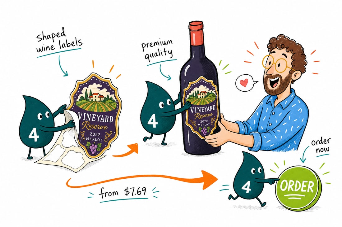 Wally the 4OVER4 mascot pressing a round shaped wine label, priced at $10.99 for 25, onto a wine bottle, teal hand-drawn line art.