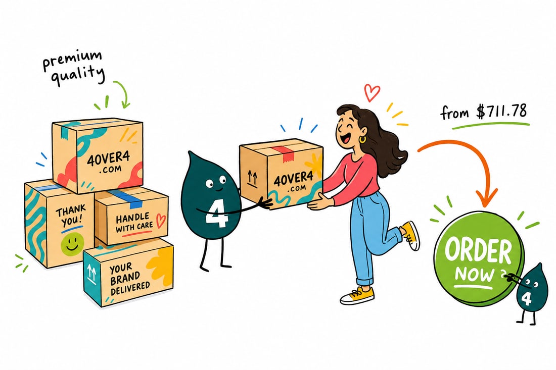 Wally the 4OVER4 mascot handing over a custom printed shipping box, priced from $711.78 for 250, to a happy customer, teal hand-drawn line art.